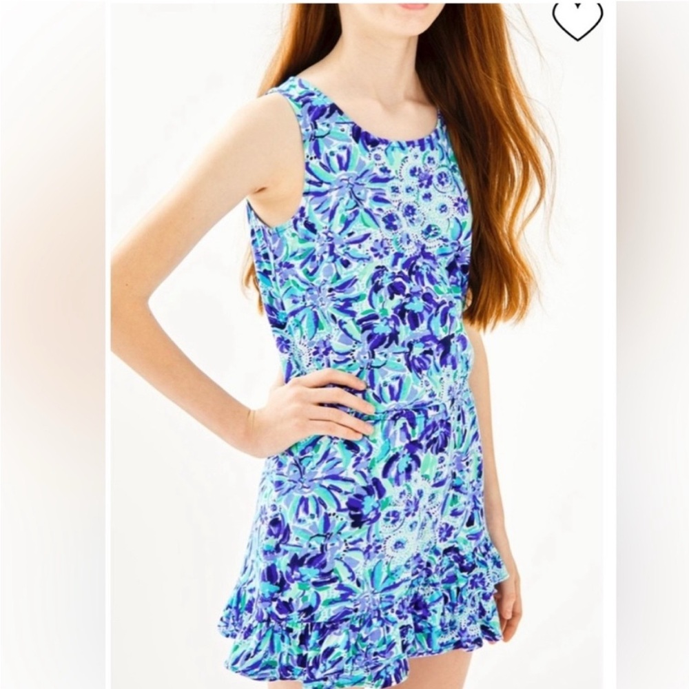 Lilly Pulitzer Girls Venecia Romper Blue Peri Periwinkle Floral Size  8-10 Large